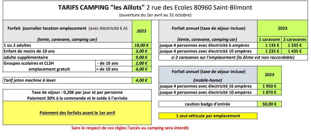Tarifs 2023